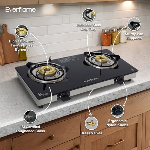 Image of Everflame Iris 2 Burner Gas Stove | Manual Ignition | LPG Gas Stove | SS Frame | Heavy Brass Burner | Toughened Glass | Modern Kitchen Slim Cooktop | 2 Years Product Warranty + Doorstep Service