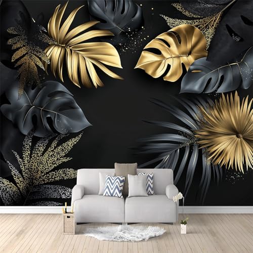 Papier peint mural moderne simple doré 3D 200x140 décor feuilles tropicales