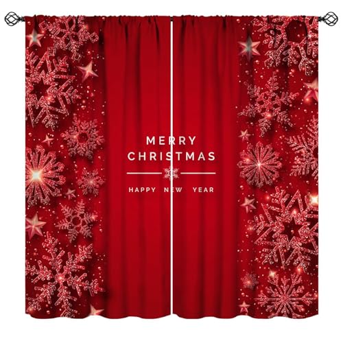 Red Snowflakes Curtains, Merry Christmas Winter Holiday Festival New Year Rustic Abstract Xmas Snow Print Window Curtains for Kitchen Bedroom Livingroom, 42x45in (No Blackout)