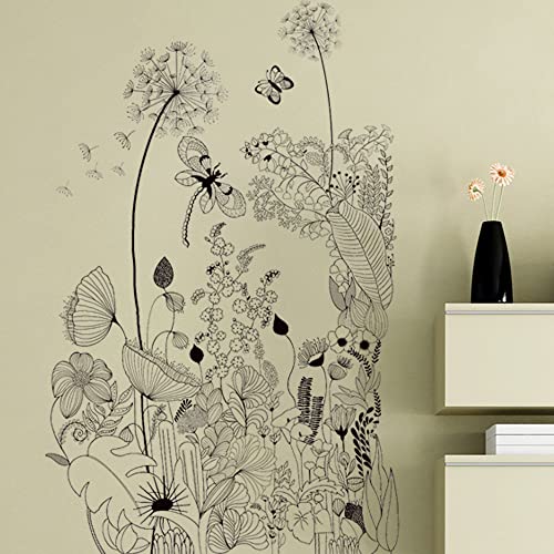 Runtoo Black Flowers Wall Art Stickers Dandelion Butterfly Floral Wall Decals Living Room Bedroom Home Decor - Image 3
