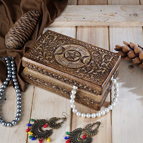 Ajuny Wooden Hand Carved Decorative Jewelry Box Moon Star Flower Carvings Vintage Keepsake Storage Organizer Travel Treasure Chest Trinket Holder Case Great Gifts 8x5 Inch - Image 4