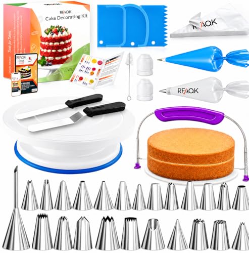 RFAQK 90PCs Cake Decorating Kit with Leveler, Baking Supplies Gift Includes Cake Stand Turntable...