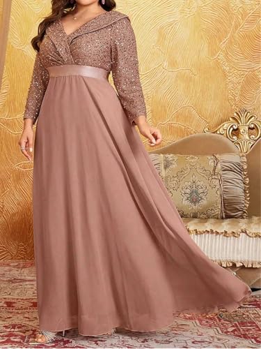 Women’S Plus Size V Neck Sequined Long Sleeve Luxurious Chiffon Evening Gown Sequin Banquet Gown A-Line Dresses3