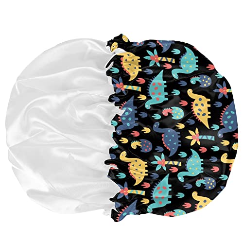Image of Cute Dinosaur Fashion Print Kids Satin Sleep Cap, Boys Girls Slouchy Sleeping Hat Beanie Slap Hat for Toddler Children Baby Adjustable Elastic Band Hair Cover Curly Hair Cap