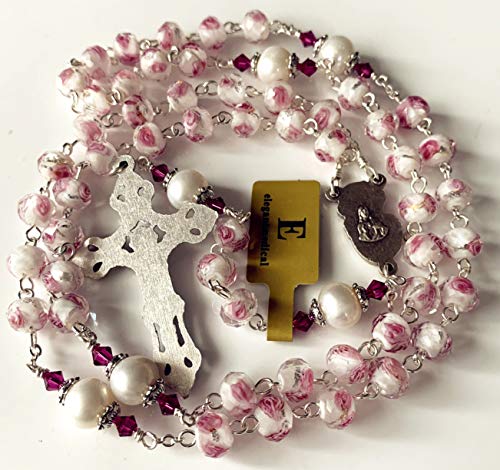 elegantmedical Handmade Veluriyam Rose Beads & Pearl Beads Rosary & Italy Cross Catholic Necklace Gift Box4