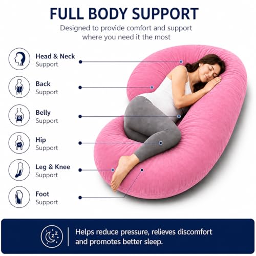 Image of Restify C-Shape Pregnancy Pillow for Women Sleeping | Full Body Maternity Pillow for Back, Hips, Legs & Belly Support | Removable & Washable Velvet Cover | Pink