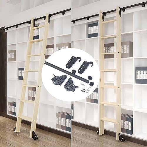 Rolling Library Ladder Hardware Kit (No Ladder), Ladder Rolling Hardware Sliding Library Ladder Track Floor Rollers with Brake, Black(Size:16ft/4.88m Track kit)