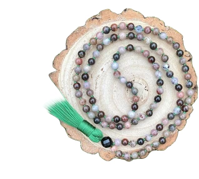 Bracelet de yoga en perles mala naturelles de bois pétrifié et onyx de prière