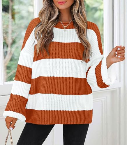 Image of ZESICA Womens Long Sleeve Oversized Striped Knitted Sweaters | Color Block Sweater,Crew Neck Sweater,Loose Fit Sweater,Ribbed Knit Pullover,2026 Fall Winter Sweater,Casual Going Out Top