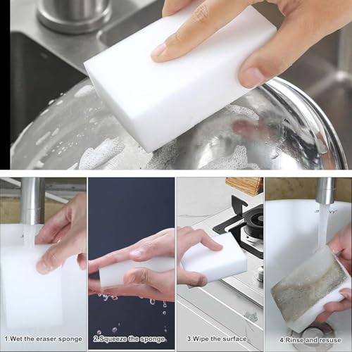 Image of Magic Eraser Cleaning Sponge | Pack of 4 | Multi-Purpose, Chemical-Free Stain Remover for Kitchen, Bathroom, Walls, Shoes & More | Tough on Dirt, Gentle on Surfaces