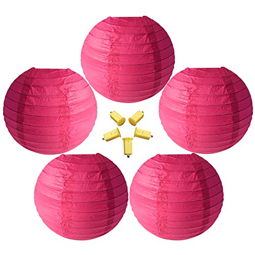 Preisvergleich Produktbild Neo LOONS 5 runde chinesische / japanische Papierlaternen, Metallrahmen, Hängelaternen mit warmweißen LED-Lichtern, für Zuhause, Partys, Hochzeiten und Heimwerker 12" rose