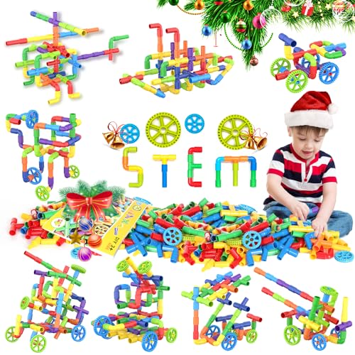250 Pieces STEM Building Blocks, Pipe Tube Sensory Toys, Creative Tube Locks Construction Set with Wheels, with Storage Box, Preschool Educational Learning Toys, Present Gift for Boys Girls Aged 3+