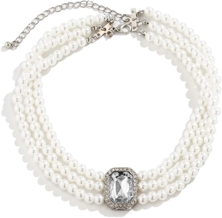 Octwine Women 1920s Pearls Necklace Shiny Crystal Dainty Rhinestone Multilayer Necklace Wedding Bridal Bar Party Prom Vintage Pearls Choker Necklace for Women - Image 5