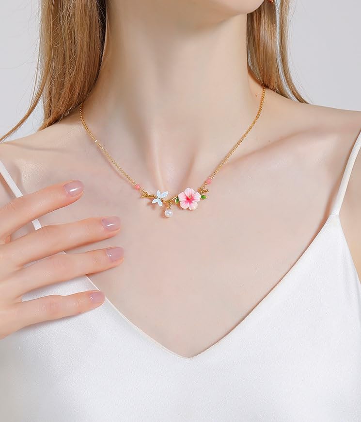 Pink Flower And Dragonfly Pearl Enamel Pendant Necklace Jewelry Gift4