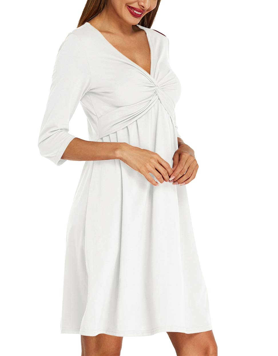 Womens Casual Party Midi Dress 3/4 Sleeve V Neck Twist Knot Front Flowy Empire Waist Tank Dress