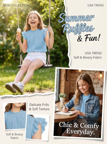 Image of Arshiner Girls Ruffle Short Sleeve Shirts Cute Summer Frill Neck Pleated Textured Blouse Tops