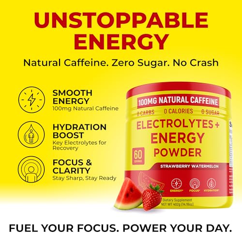 Image of Keto Vitals Energy Powder + Electrolytes with 100mg Natural Caffeine, L Theanine & Organic Lion's Mane Extract - 60 Servings Energy Drink Powder for Workouts - Sugar Free Electrolytes