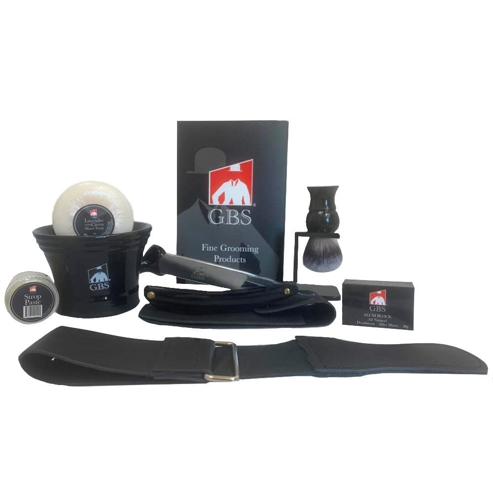 Set da barba da uomo, Premium Black Edition con rasoio a mano libera pronto per la rasatura in corno, custodia in pelle, corona, pennello, supporto, tazza e sapone