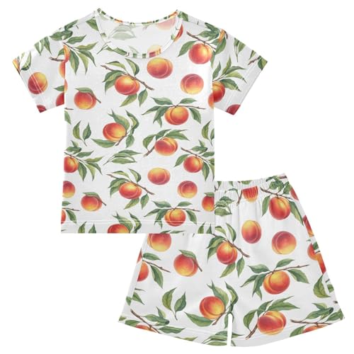 Pajama Short Sets Peaches Branch Pattern Soft Cotton Summer Sleepwear 2 Piece PJS Size 5-14T