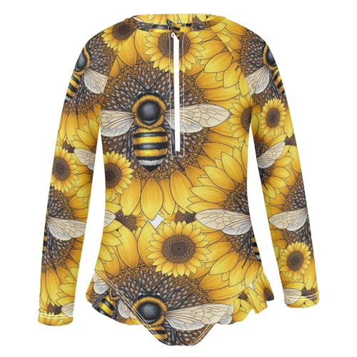 Bee Sunflower Pattern Girls Rash Guard Swimsuits Long Sleeve One Pieces Bathing Suit UPF 50+ Zipper Swimwear2