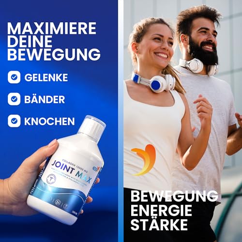 Joint MAX 500ml I Reines hydrolysiertes Kollagen (Typ I, II & III) I Glucosamin, MSM, Chondroitin, Hyaluronsäure I Kurkuma, Vitamin C, I 100% natürlicher Geschmack I Zuckerfrei - 20 Tage Vorrat