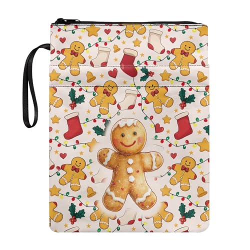 Poceacles Funda de libro con cremallera y bolsillos adicionales, funda de tela lavable para libros de tapa blanda, cadena de luces de Navidad, patrón de acebo