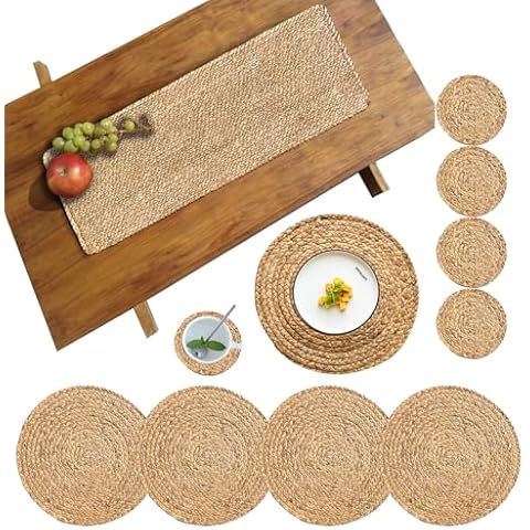 CY SISTERS Woven Placemats and Coasters Set of 4 + Runner Bundle Set - Elegant Dining Table Essentials Cover