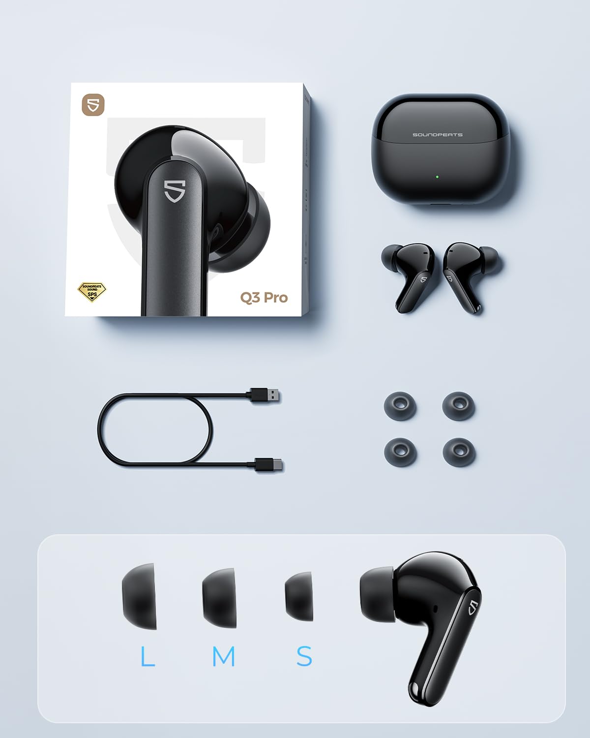 SOUNDPEATS Q3 Pro Bezprzewodowe Słuchawki Douszne z Aktywną Redukcją Szumu Dźwięk Przestrzenny 13mm Przetworniki 42 Godziny Odtwarzania Bluetooth 6.0 Wodoodporność IP55 Idealne do Gier Czarny