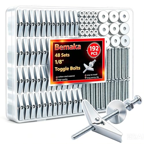 192Pcs 1/8 Inch Toggle Bolts, Heavy Duty Drywall Anchors and Screws Kit, Butterfly Anchors Toggle Bolts and Wing Nut Kit with Nuts Washers for Hollow Wall, Ceiling (48 Sets)