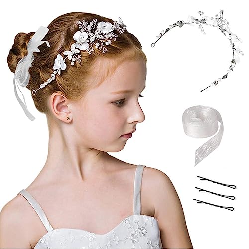 SJBAUTYO Princesse Blanche Fleur Couvre-Chef Robe De Cheveux De Perle Cristal De Mariée, Accessoire Mariage Femme Fête Anniversaire, Accessoires De Cheveux De Mariage Pour Les Filles