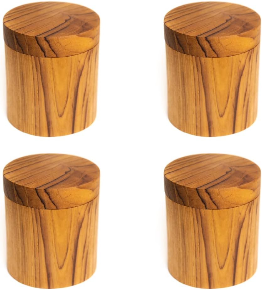 Rainforest Bowls Set of 4 Regular Round Javanese Teak Wood Spice Jars w/Lid - Perfect for Storing Salt, Herbs & Spices, Ultra-Durable- Premium Wooden Jars Handcrafted by Indonesian Artisans