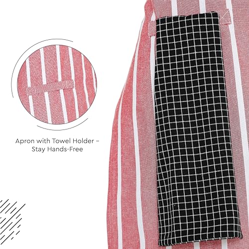 Image of Encasa XO Cotton Cooking kitchen Apron for Women and Men chef apron With adjustable neckstrap, Pocket & Towel Holder for Easy cooking, Baking, BBQ, Gardening- Roma Red Stripes, 68x85 cm