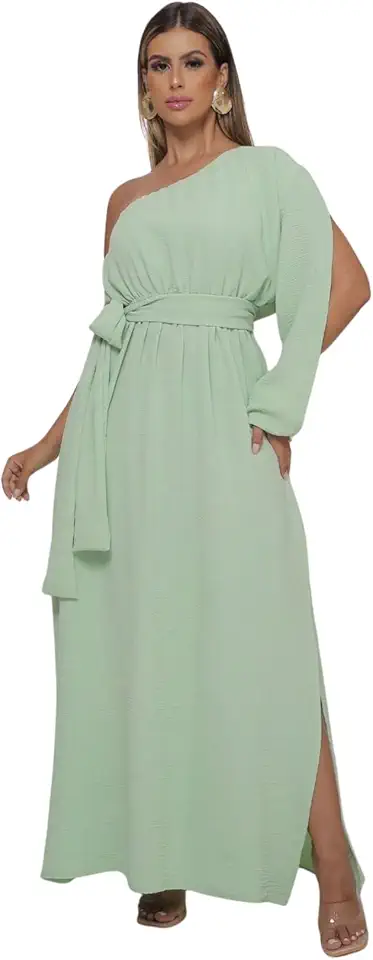 Vestido Longo Feminino Com Fenda Lateral e Abertura Na Manga Elegante