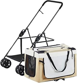 Carrinho de cachorro pequeno para animais de estimação para cães Carrinho de cachorro leve para 2 cachorros, gatos, cachorros e gatinhos, carrinho de cachorro respirável para cachorros e muito mais (caqui)