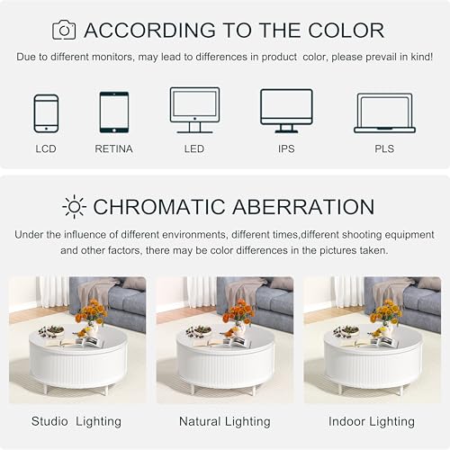 Image of Round Coffee Table, 31.5 inch Fluted Center Table with Storage, Lift-Top Coffee Table with Adjustable Footpads, Sliding Door, Mid-Century Modern Center Table for Living Room, Small Space (Pure White)