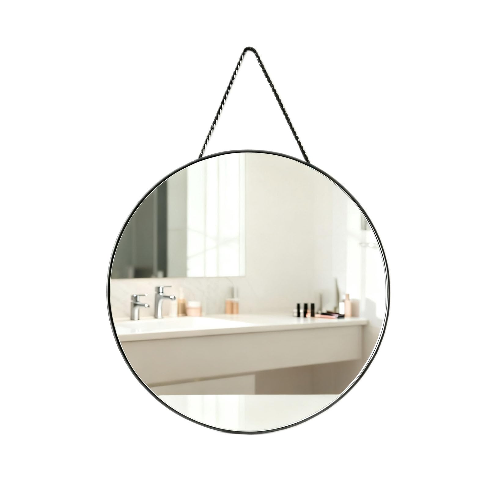 Numjeg Black Round 30CM Wall-Mounted Vanity Mirrors Hanging Rope Small Mirror Bedroom Circular Decorative Bathroom Living Room Home Decor