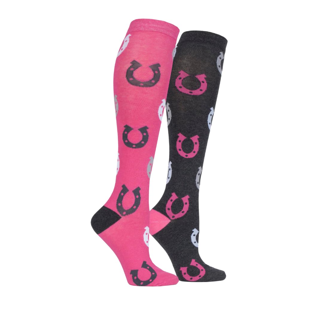 Storm Bloc Equestrian Junior Cotton Horseshoe Patterned Knee High Socks Pack of 2 - Size UK 12-3 (Cerise/Charcoal)