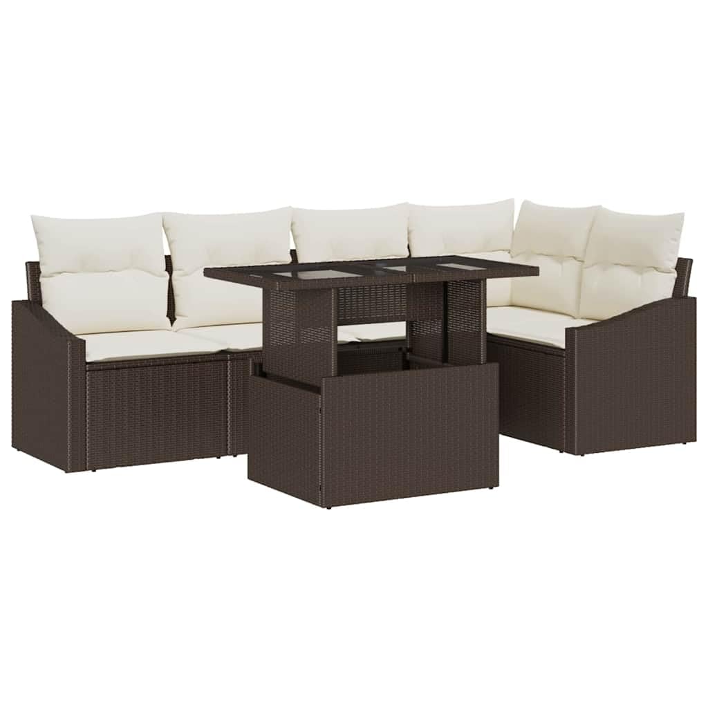 Zestaw Sof Ogrodowych 6 Miejsc z Poduszkami Brąz Kremowy Polirattan Stal Modułowy Narożnik Komplet Mebli Tarasowych Odporny na UV Stół Szklany 233x123x85 cm