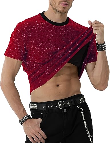 Arjen Kroos Men's Sequin Disco Shirts Short Sleeve Sparkly Rave Hot Tops