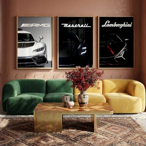 Image of kotart Big Lamborghini Maserati Mercedes AMG Cars Framed Posters Gift Items for Boys Room Wall Decoration Bedroom Living Room Office Studio Decor | Car Poster Frame for Wall Decor Set Of 3 Size (35x37 Inch)