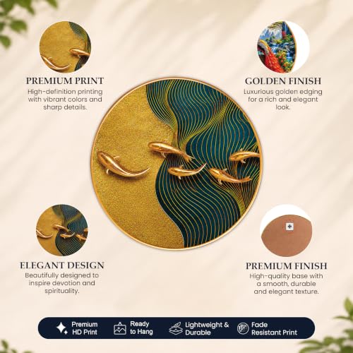 Image of PAINTINGMANTRA vastu koi Fish Wall Art Painting for Living Room, Teal Waves & 3D Effect Swimming Fish Round Shape Framed Wall Painting for Home Decor, Bedroom, Hall & Office, 16 Inch