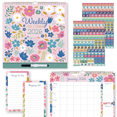 2026 Floral Weekly Family Planner Calendar | FSC Paper Large Grid Design | Ideal for Daily Events, Birthdays & Notes | Perfect Family Weekly Planner 6 Columns | Calendar 2026 UK Edition
