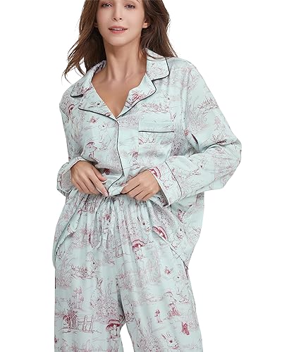Image of YiNi LuLu Womens Silk Satin Pajamas Set Button Down 2 Piece Pjs Long Sleeve Oversized Sleepwear with Pockets
