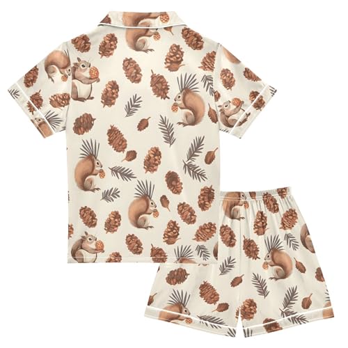 ALAZA Squirrel Leaf Fruit Pajamas Satin Pajama Set Short Sleeve Button Down Sleepwear2