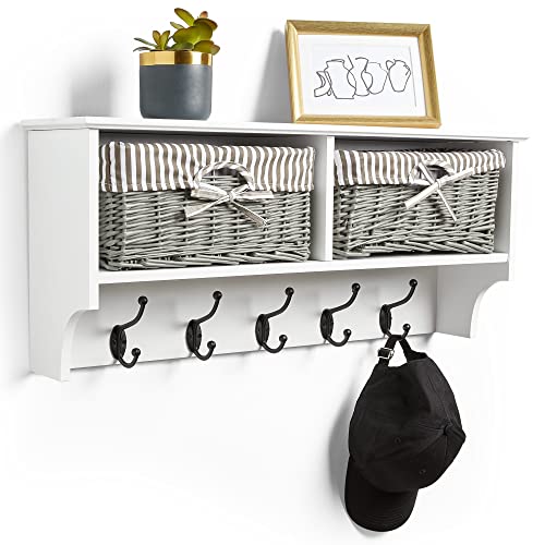 VonHaus Coat Hooks Wall Mounted - White Coat Rack Shelf w/ 2 Grey Wicker Storage Baskets & 5 Strong Double Clothes Hooks - Hallway Organiser w/Shelving for Hall & Entryway - for Scarves Bags