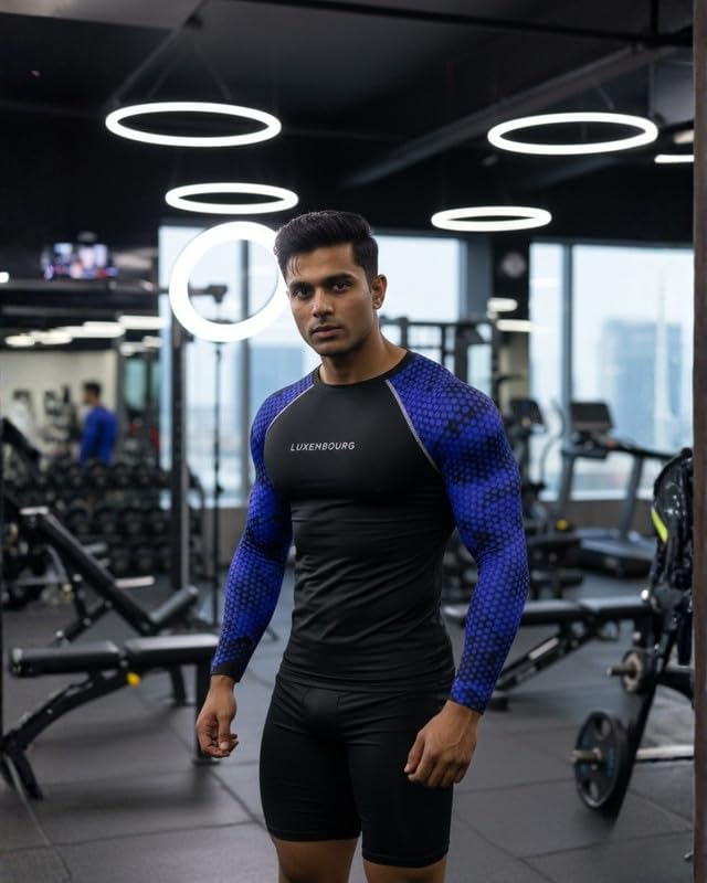 Image of Mens Gym Compression T-Shirt | Polyester Full Sleeve Sports Wear and Rash Guard for Training Workout and Athletic Activewear