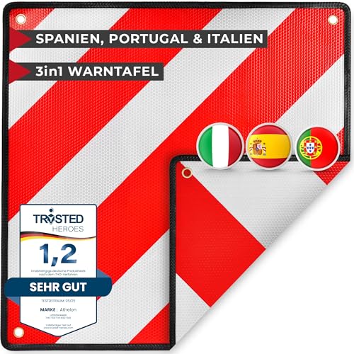 ATHELON 3in1 Warntafel für Italien Spanien & Portugal - Hochwertige Warntafel Italien für Fahrradträger & Wohnmobil - Reflektierendes Warnschild