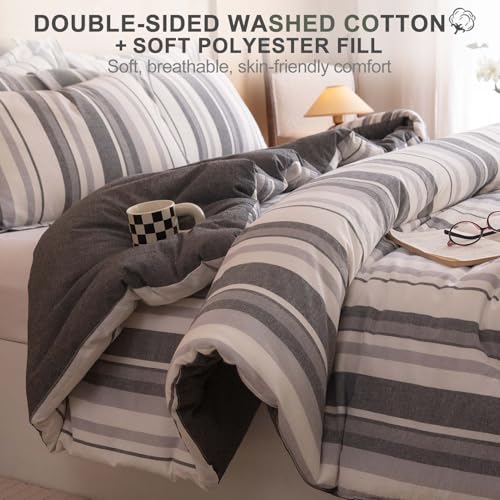 Image of 100% Cotton Comforter Set King Size - Reversible Yarn-Dyed Stripe Design, Soft Washed Cotton on Both Sides, Lightweight All-Season Bedding, Machine Washable(Grey White Stripe, 104 inchx90 inch)