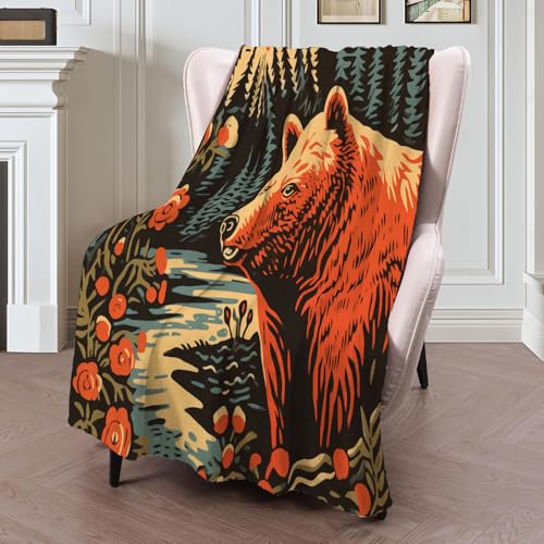 Manta Franela para Sofá Oso Naranja, Manta Plaid Flores Y Árboles, Suave, Cálida, Transpirable, Mantas de Microfibra, Color naranja-230x270cm