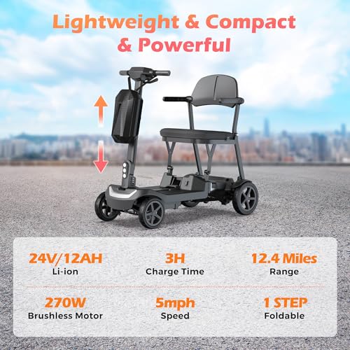 37.5lb Lightweight Mobility Scooter for Seniors & Adults - Cruise & Airline Approved, Removable Lithium Battery, Foldable Portable Travel Motorized Scooter, No Assembly Needed, 12.4Miles Range, Black